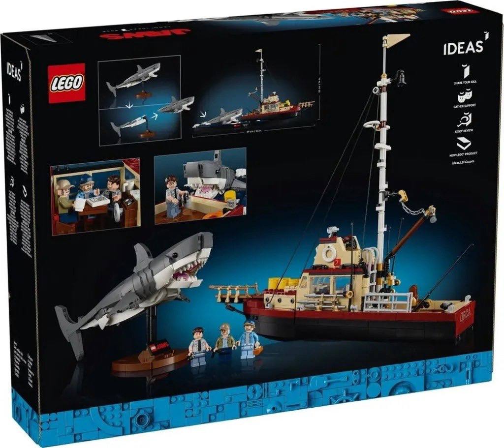 LEGO выпустит набор по фильму «Челюсти».  Комплект состоит из 1497 деталей. Помимо акулы в наборе представлены 3 мини-фигурки и судно, на котором главные герои сразились с главным злодеем ленты.  Цена $159.