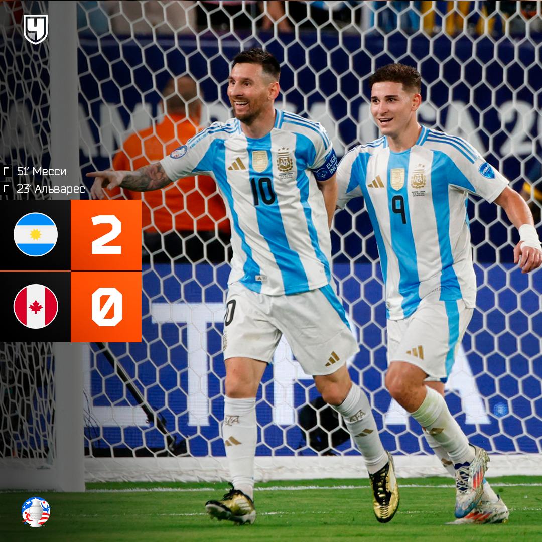 Аргентина вышла в финал Копы! Первый гол Месси оказался очень кстати     Лео наконец-то отличился на этом турнире и помог команде победить Канаду. А Альварес в свои 24 уже забил в полуфиналах ЛЧ, ЧМ и Копы    Аргентинцы готовятся к финалу, а соперника из пары Уругвай — Колумбия узнают следующей ночью     Чемпионат