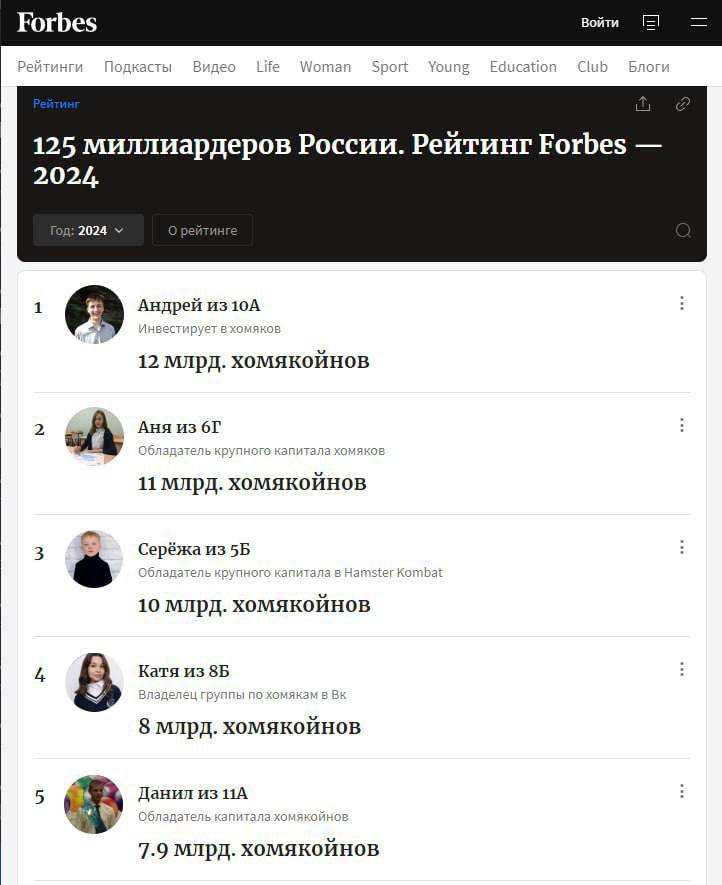 Forbes обновил рейтинг миллиардеров России.  После продажи коинов Хомяка список кардинально поменялся.
