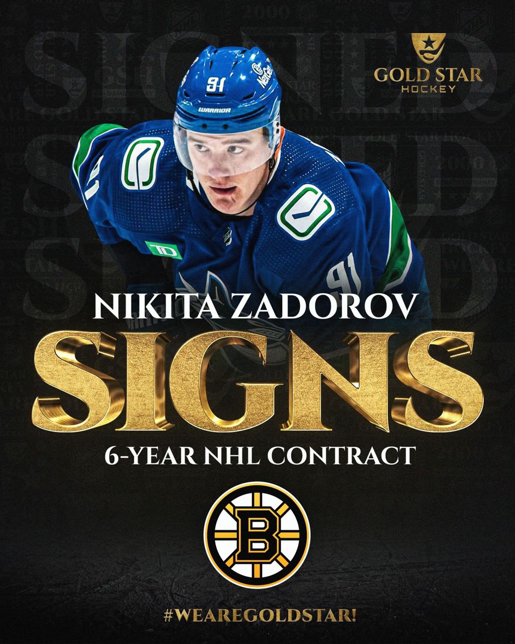 Никита Задоров подписал контракт с «Бостоном».    Срок соглашения – 6 лет, зарплата – 5 млн долларов за сезон.